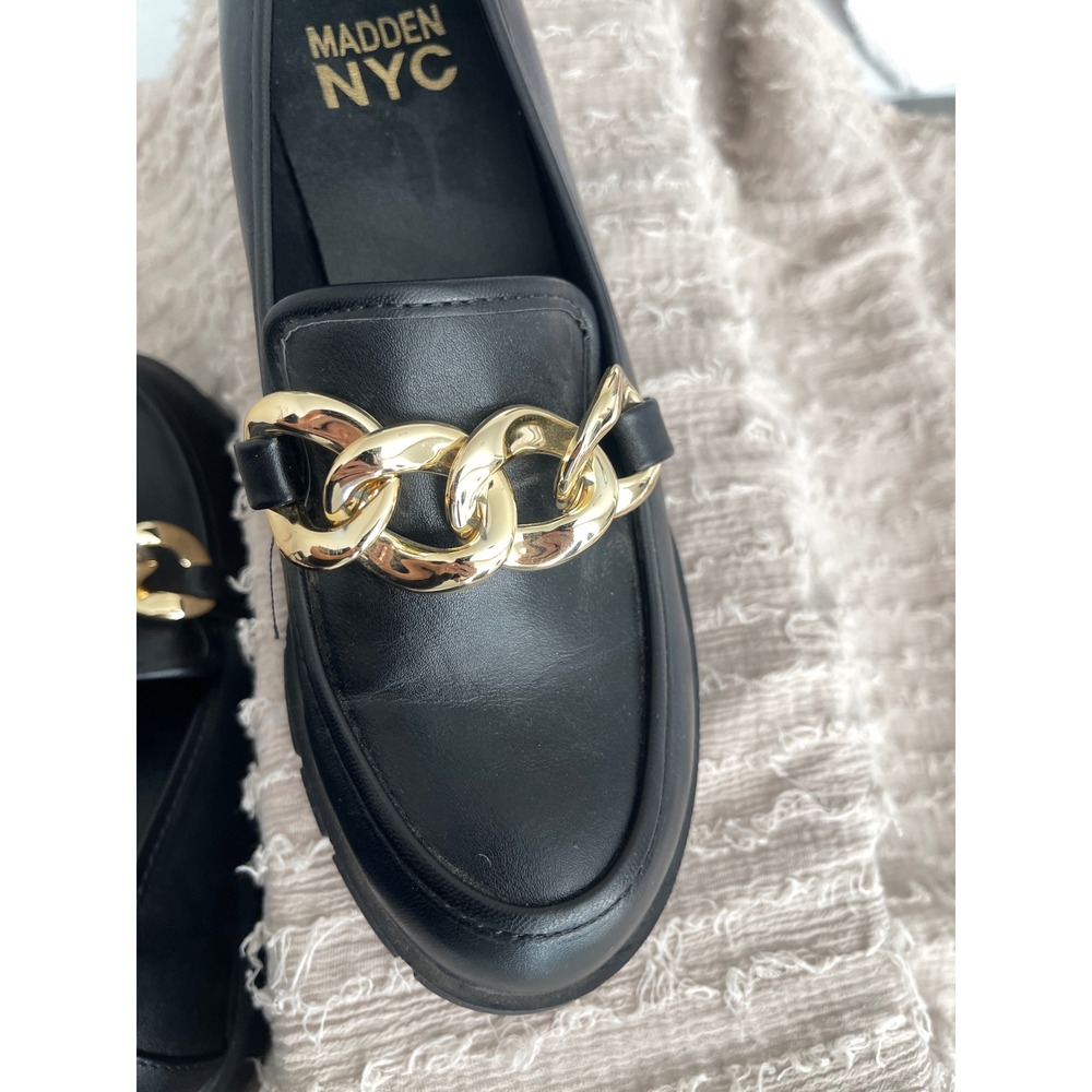 Madden NYC Womens Black Chunky Platform Loafers Gold Chain Link Lug Sole Size 6 - Picture 4 of 8